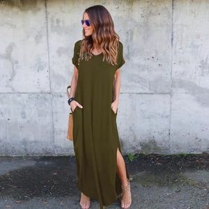V-neck Short Sleeve Maxi Dress Side Pockets